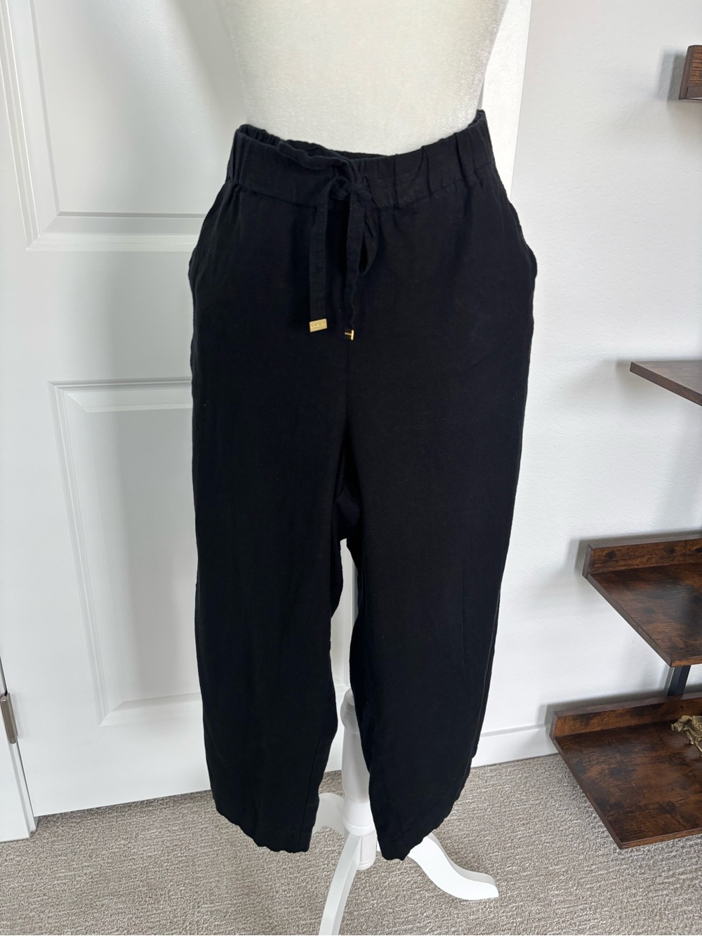 Michael Kors Black Linen Blend Cropped Drawstring Pants